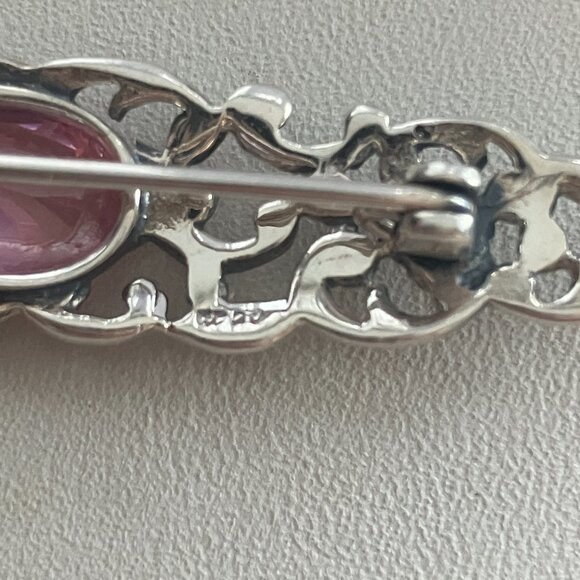 Pink stone & Marcasite 925 Sterling Silver Vintage brooch - Picture 6 of 7